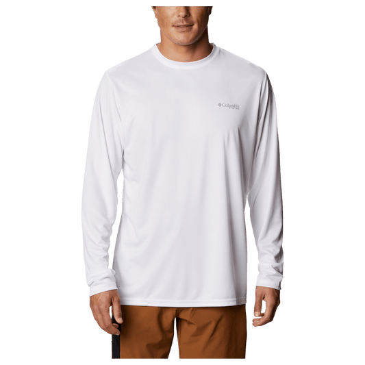 COLUMBIA MEN'S TERMINAL TACKLE PFG FISH FLAG LONGSLEEVE - WHITE/COLLEGIATE NAVY - FRONT VIEW WW