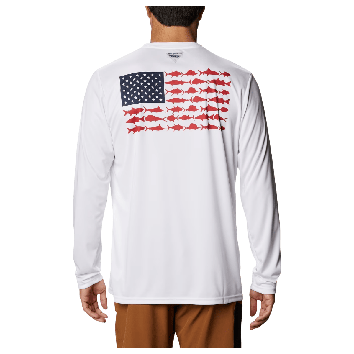 COLUMBIA MEN'S TERMINAL TACKLE PFG FISH FLAG LONGSLEEVE - WHITE/COLLEGIATE NAVY - BACK VIEW WW