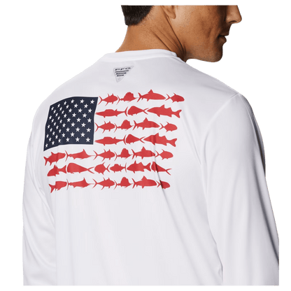 COLUMBIA MEN'S TERMINAL TACKLE PFG FISH FLAG LONGSLEEVE - WHITE/COLLEGIATE NAVY - FISH FLAG VIEW