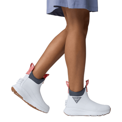 COLUMBIA WOMEN'S DRY TORTUGAS PFG PRO SPORT BOOT - WHITE MELONADE with model wearing them