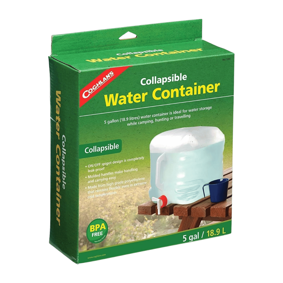 COGHLANS COLLAPSIBLE WATER CONTAINER - 18.9L - PRODUCT IN PACKAGING