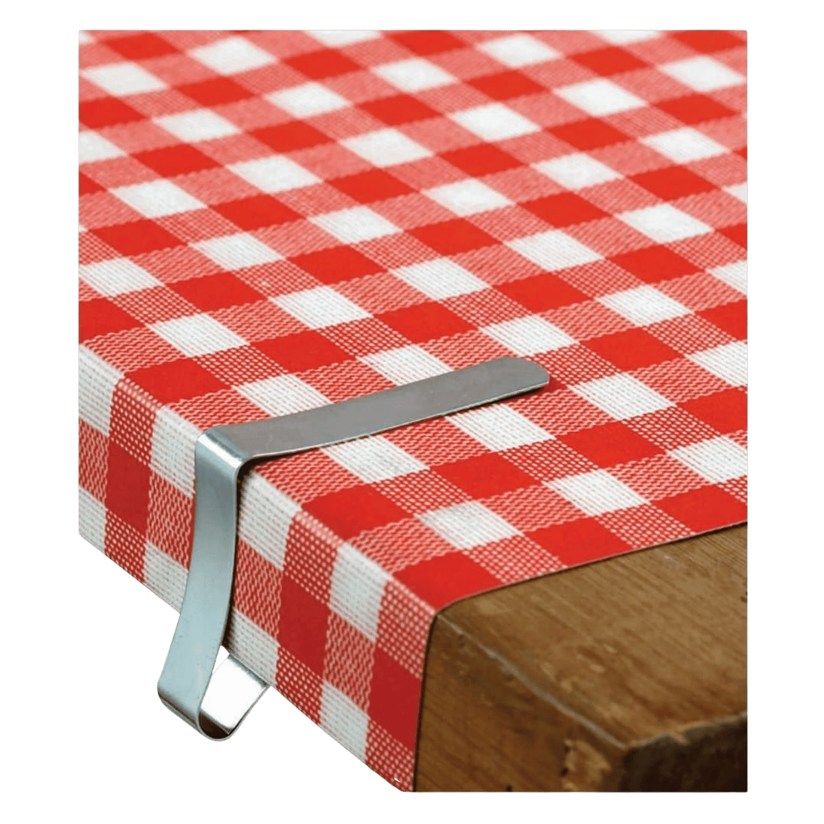 COGHLAN’S TABLECLOTH CLAMPS – 6 PACK - IN USE ON TABLE EDGE WITH RED CHECKERED TABLECLOTH