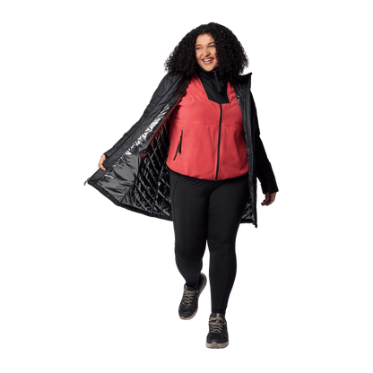 COLUMBIA WOMEN'S HEAVENLY LONG HOODED JACKET - PLUS SIZE - BLACK - FRONT OPEN ZIP VIEW