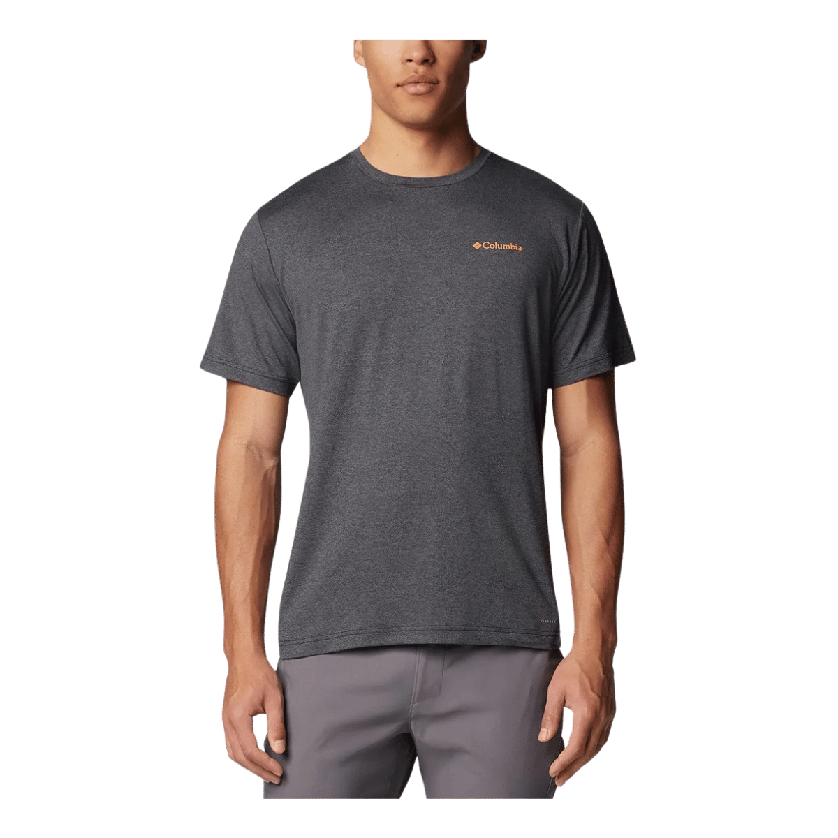 COLUMBIA KWICK HIKE BACK GRAPHIC SHORT SLEEVE TEE -BLACK HEATHER - FRONT VIEW