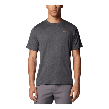 COLUMBIA KWICK HIKE BACK GRAPHIC SHORT SLEEVE TEE -BLACK HEATHER - FRONT VIEW