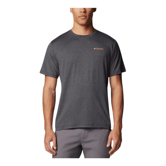 COLUMBIA KWICK HIKE BACK GRAPHIC SHORT SLEEVE TEE -BLACK HEATHER - FRONT VIEW