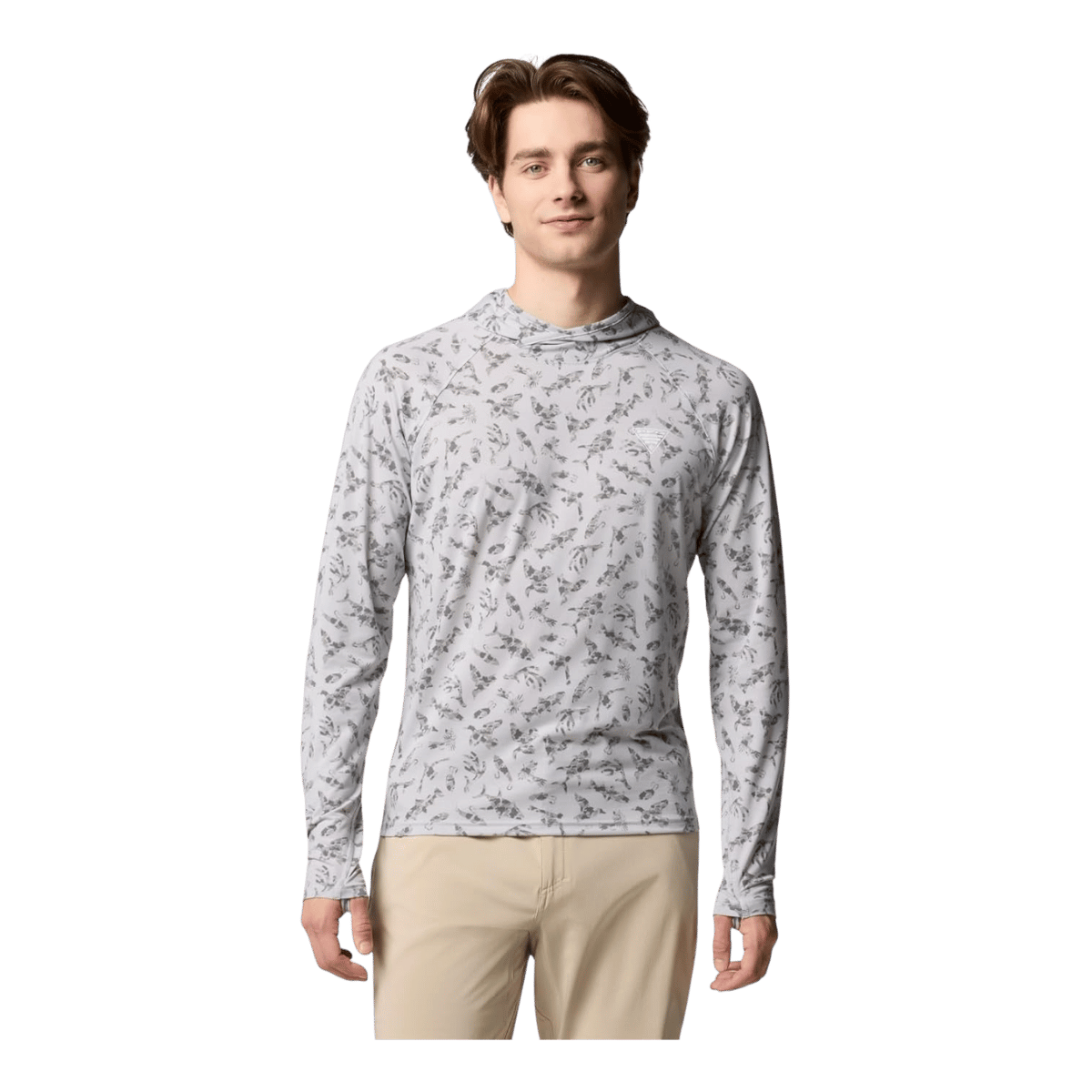 COLUMBIA PFG UNCHARTED HOODIE - COOL GREY HUNTFISH - FRONT VIEW