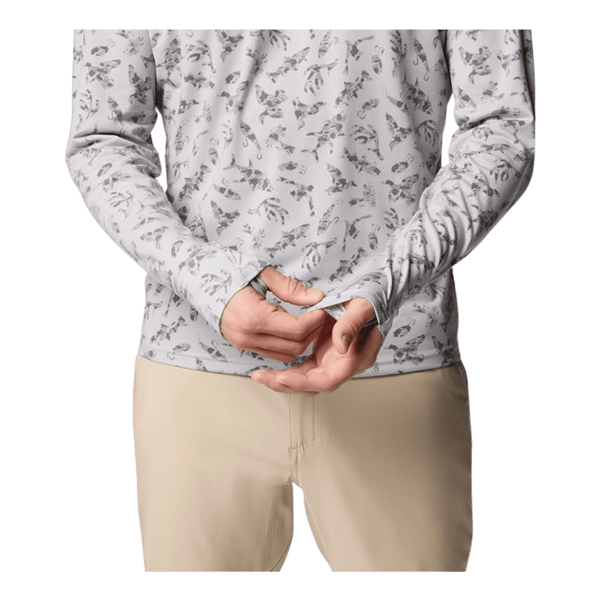 COLUMBIA PFG UNCHARTED HOODIE - COOL GREY HUNTFISH - CLOSE-UP SLEEVE THUMBHOLES VIEW