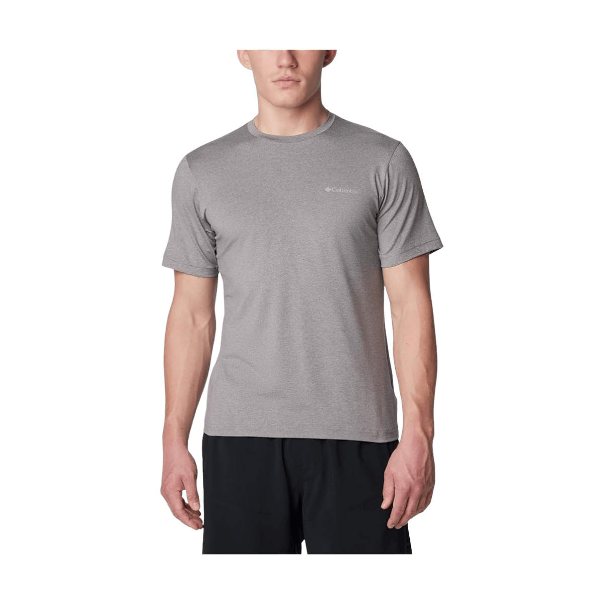 COLUMBIA MEN'S TECH TRAIL CREW NECK II T-SHIRT - BOULDER HEATHER - FRONT VIEW