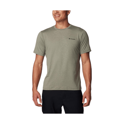 COLUMBIA MEN'S TECH TRAIL CREW NECK II T-SHIRT - STONE GREEN HEATHER - FRONT VIEW