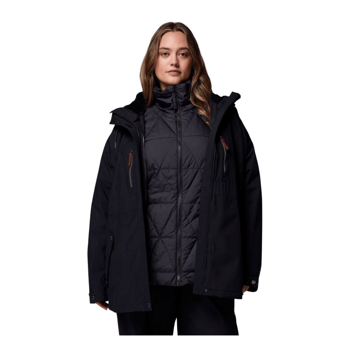COLUMBIA WOMEN'S PAYTON PASS II INTERCHANGE JACKET - PLUS SIZE - BLACK - FRONT OPEN ZIP VIEW