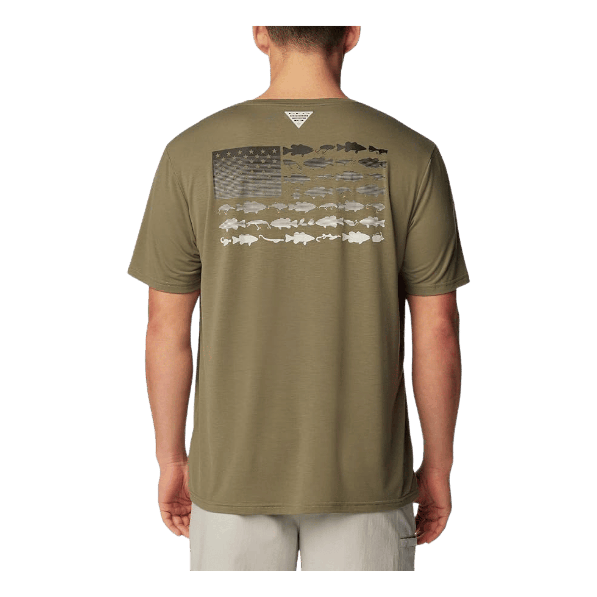COLUMBIA PFG FISH FLAG TECH TEE SHORT SLEEVE SHIRT - CYPRESS - BACK VIEW