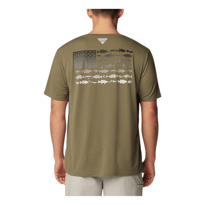 COLUMBIA PFG FISH FLAG TECH TEE SHORT SLEEVE SHIRT - CYPRESS - BACK VIEW