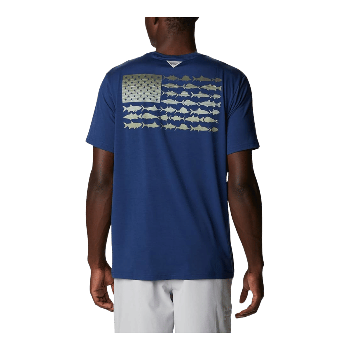 COLUMBIA PFG FISH FLAG TECH TEE SHORT SLEEVE SHIRT - CARBON - BACK VIEW