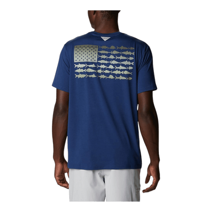 COLUMBIA PFG FISH FLAG TECH TEE SHORT SLEEVE SHIRT - CARBON - BACK VIEW