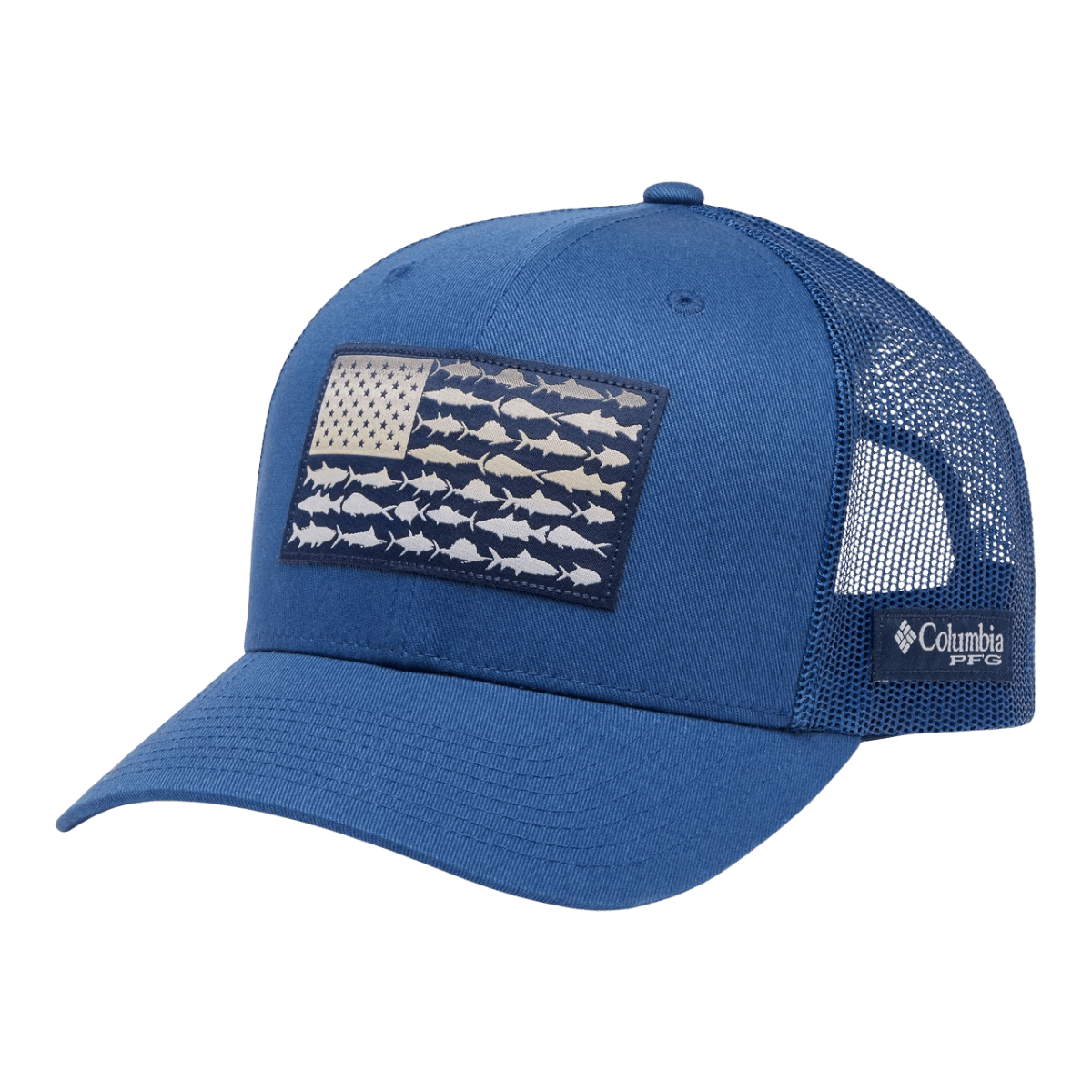 COLUMBIA PFG FISH FLAG MESH SNAP BACK - CARBON, COLLEGIATE NAVY - ONE SIZE -FRONT VIEW