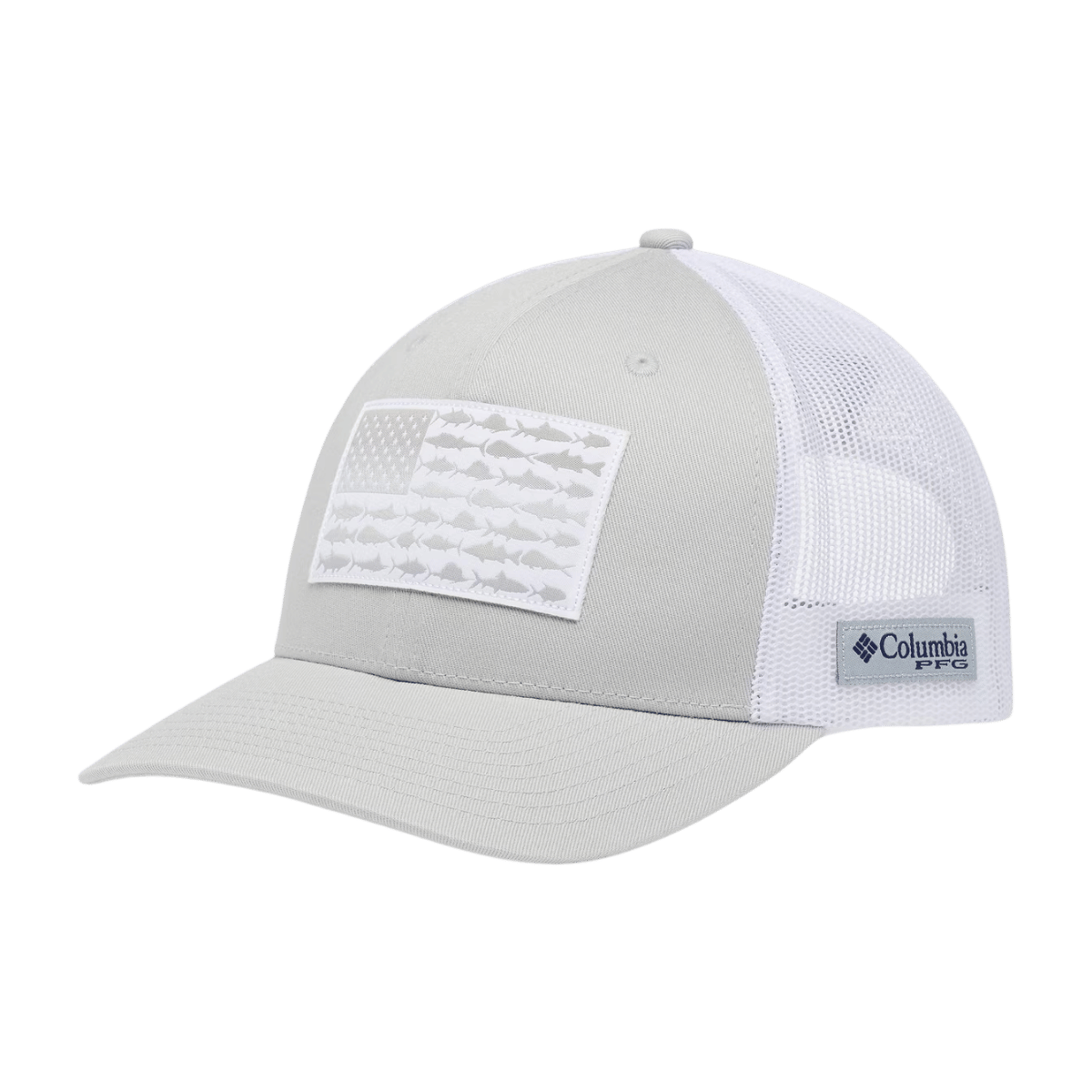 COLUMBIA PFG MESH SNAPBACK FISH FLAG CAP - ONE SIZE - COOL GREY - FRONT VIEW