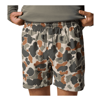 COLUMBIA PFG RAMBLER PRINT WATER SHORTS 8" - FOSSIL DELTAHUNTER - CLOSE-UP FRONT VIEW