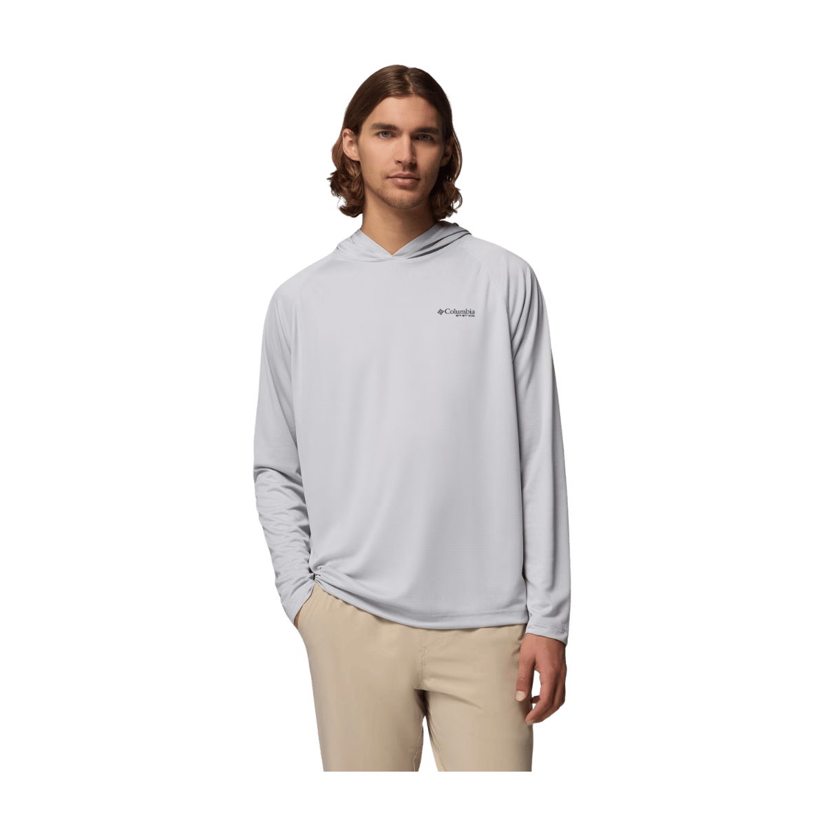 COLUMBIA MEN'S PFG SOLAR STREAM HOODIE SHIRT - COOL GREY - FRONT VIEW
