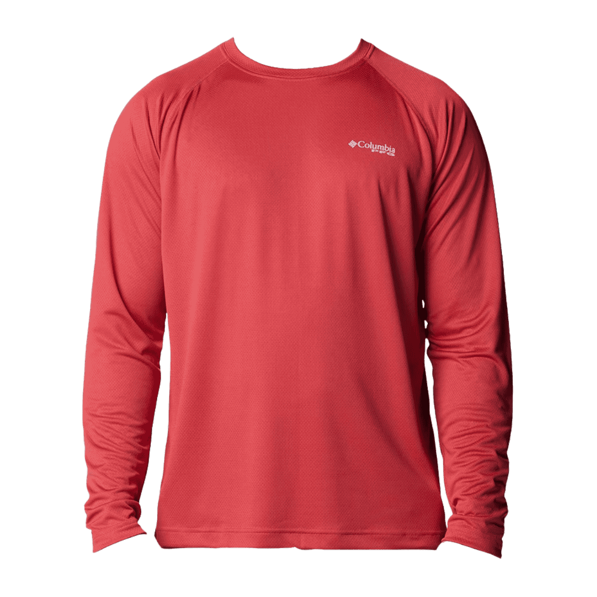 COLUMBIA MEN'S PFG SOLAR STREAM LONG SLEEVE SHIRT - SUNSET RED - FRONT VIEW