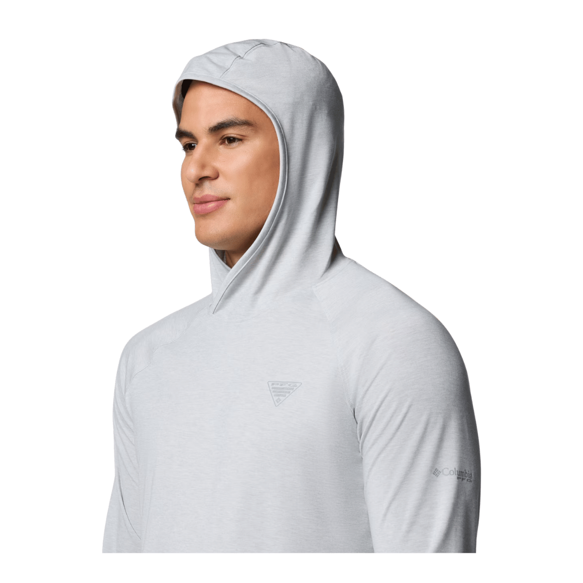 COLUMBIA MEN'S PFG UNCHARTED HOODIE - COOL GREY HEATHER - CLOSE-UP HOOD SIDE VIEW