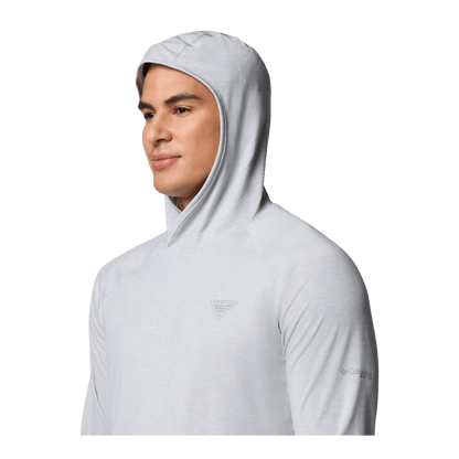 COLUMBIA MEN'S PFG UNCHARTED HOODIE - COOL GREY HEATHER - CLOSE-UP HOOD SIDE VIEW