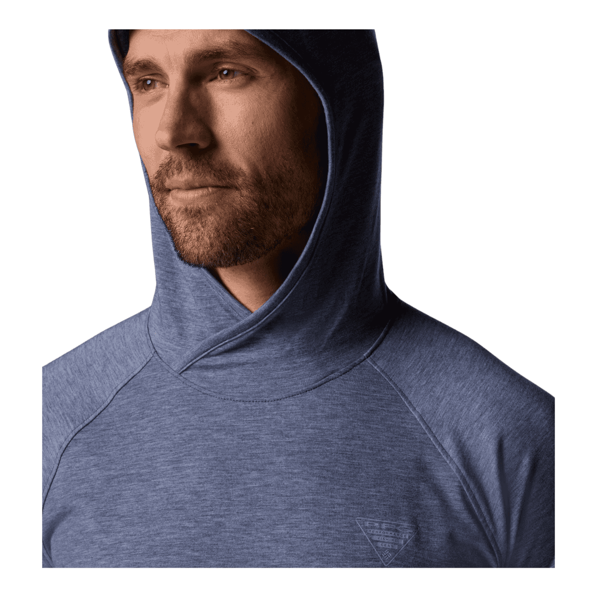 COLUMBIA MEN'S PFG UNCHARTED HOODIE - NOCTURNAL HEATHER - CLOSE-UP HOOD FRONT VIEW