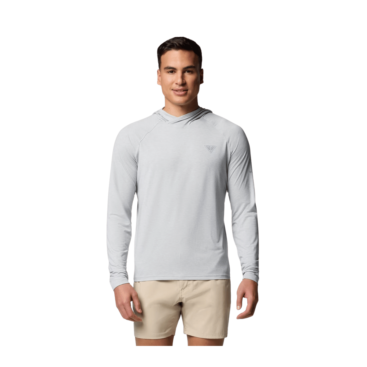 COLUMBIA MEN'S PFG UNCHARTED HOODIE SHIRT - COOL GREY HEATHER - FRONT VIEW