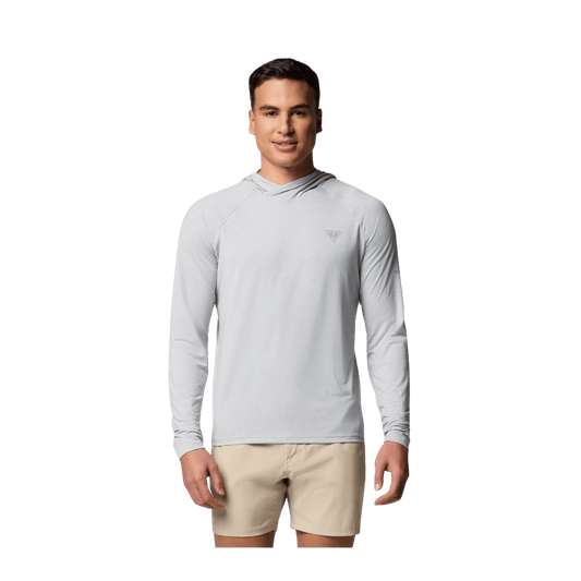 COLUMBIA MEN'S PFG UNCHARTED HOODIE SHIRT - COOL GREY HEATHER - FRONT VIEW