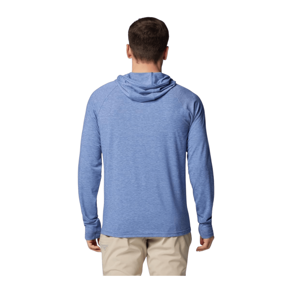 COLUMBIA MEN'S PFG UNCHARTED HOODIE SHIRT - BLUEBELL HEATHER - BACK VIEW