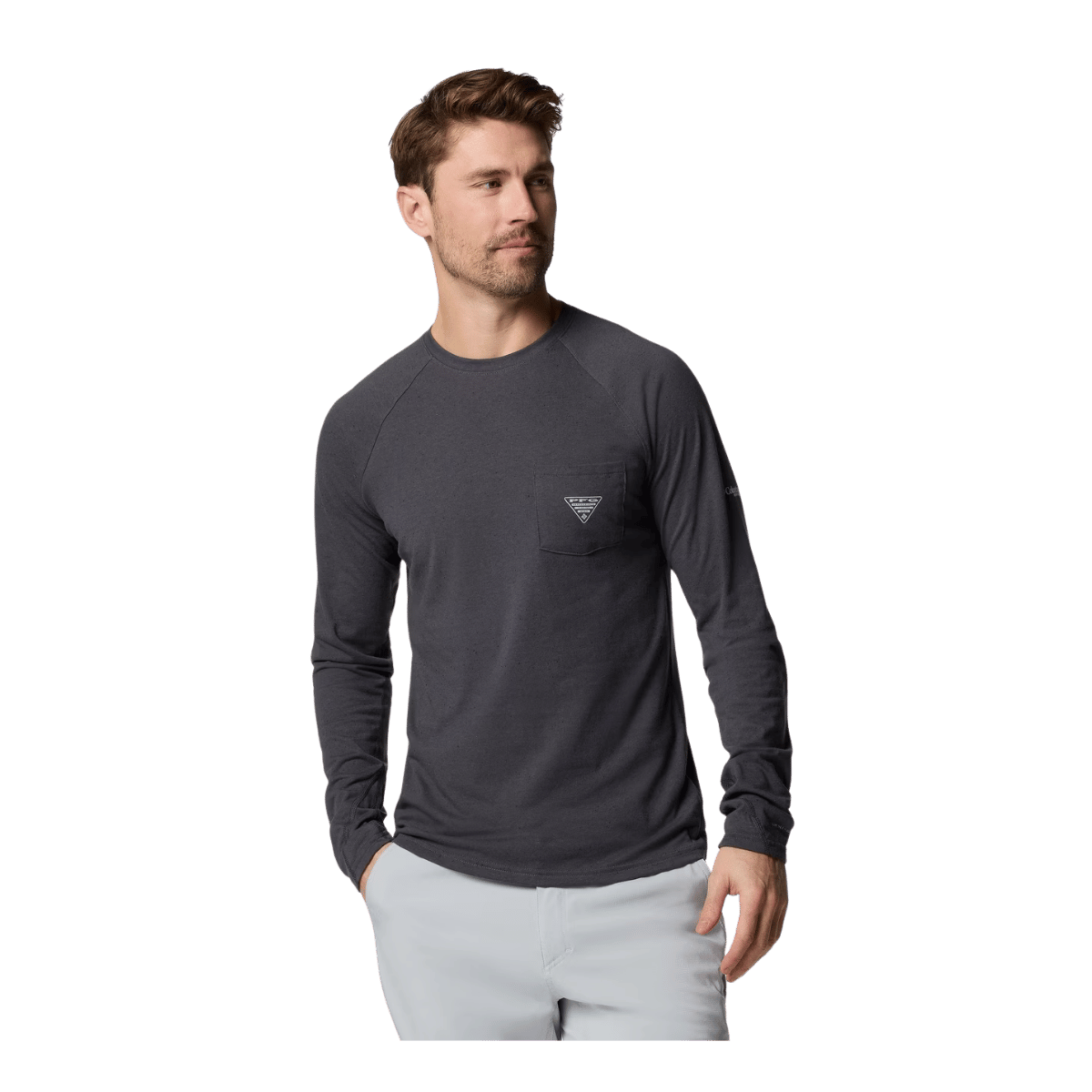 COLUMBIA MEN'S PFG UNCHARTED NEPS LONG SLEEVE SHIRT - SHARK - FRONT VIEW