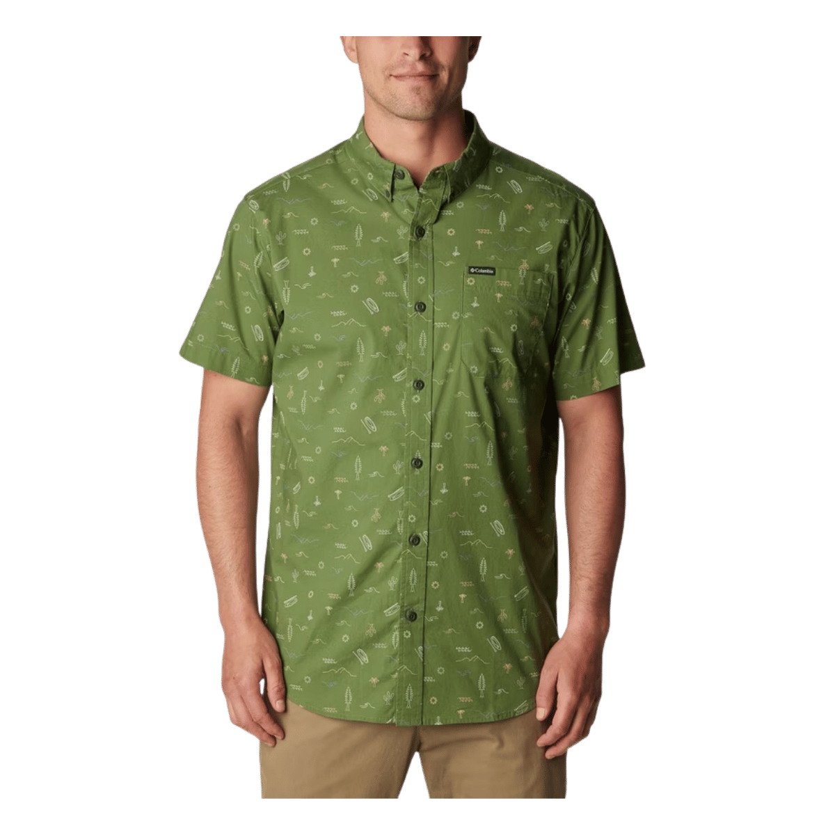COLUMBIA MEN'S RAPID RIVERS PRINTED SHORT SLEEVE SHIRT - CANTEEN - FRONT VIEW