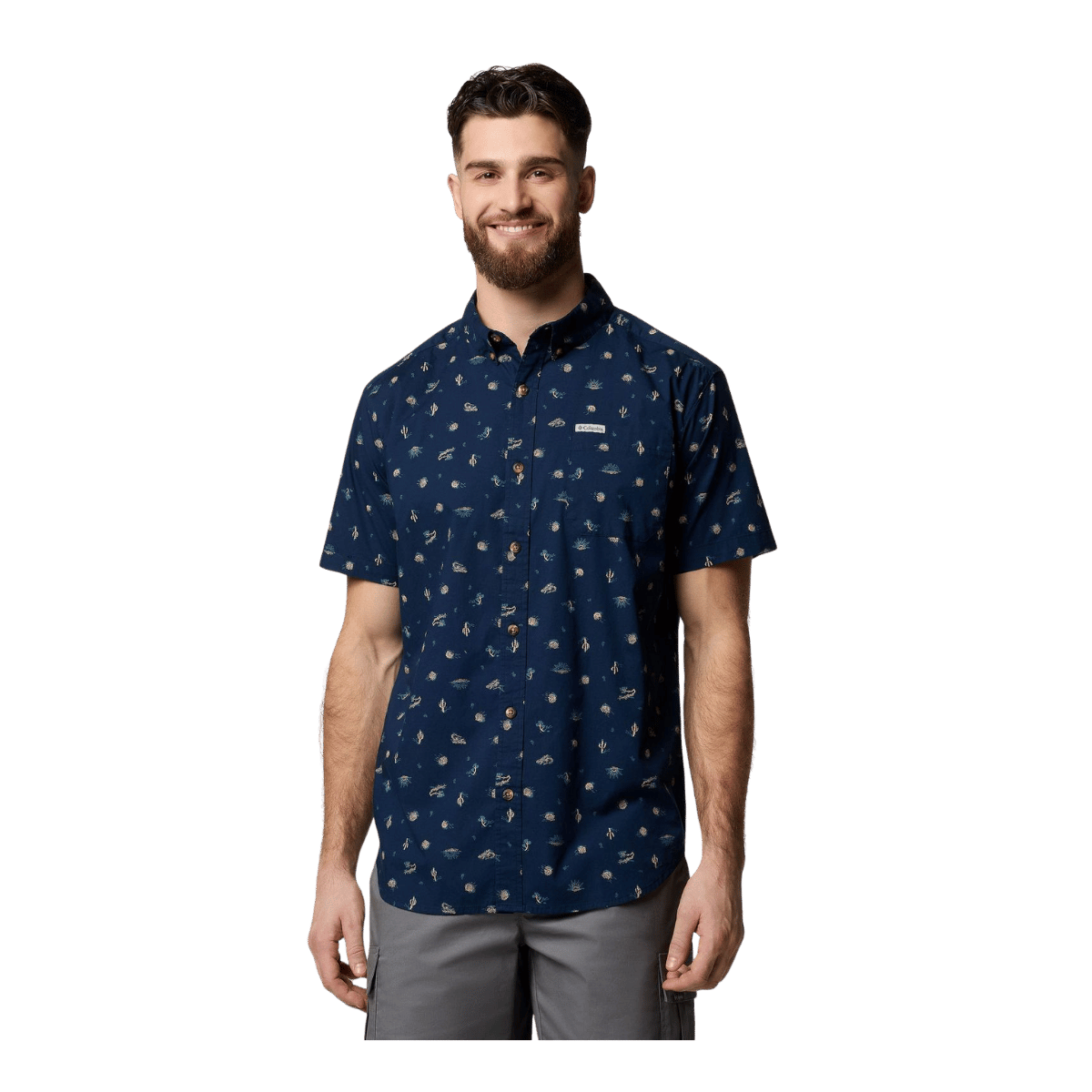 COLUMBIA MEN'S RAPID RIVERS PRINTED SHORT SLEEVE SHIRT - COLLEGIATE NAVY - FRONT VIEW
