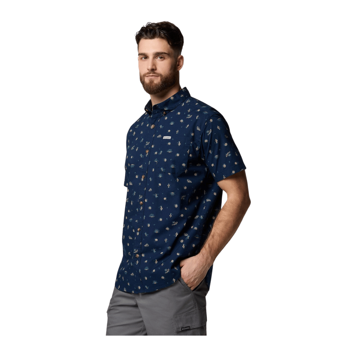 COLUMBIA MEN'S RAPID RIVERS PRINTED SHORT SLEEVE SHIRT - COLLEGIATE NAVY - SIDE VIEW