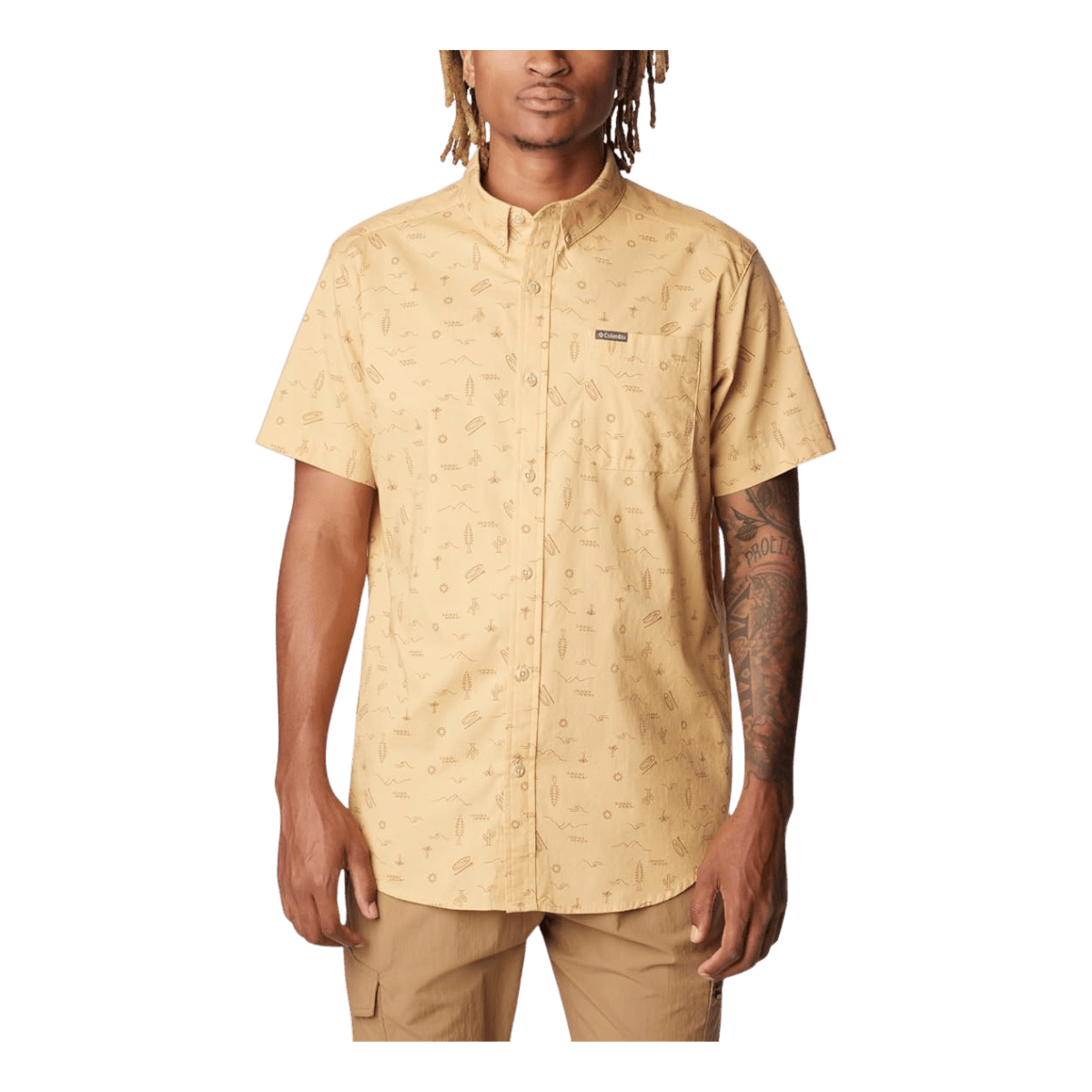 COLUMBIA MEN'S RAPID RIVERS PRINTED SHORT SLEEVE SHIRT - LIGHT CAMEL - FRONT VIEW