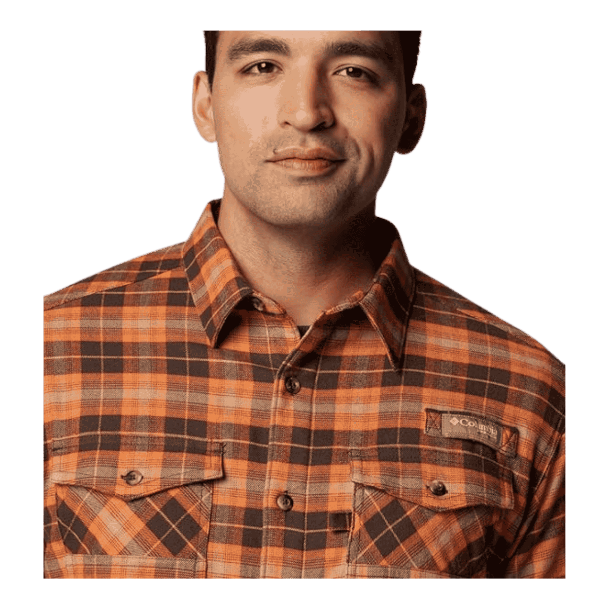 COLUMBIA MEN'S ROUGHTAIL STRETCH FLANNEL LONG SLEEVE SHIRT - CORDOVAN OMBRE -CLOSE UP VIEW