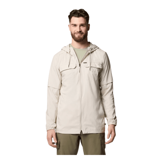 COLUMBIA MEN'S SKIEN VALLEY HOODED LONG SLEEVE SHIRT - DARK STONE - FRONT VIEW