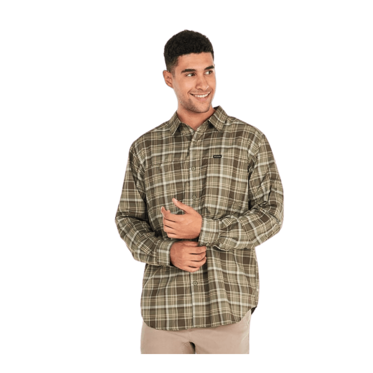 COLUMBIA MEN'S SILVER RIDGE UTILITY LITE PLAID LONG SLEEVE SHIRT - STONE GREEN - FRONT VIEW