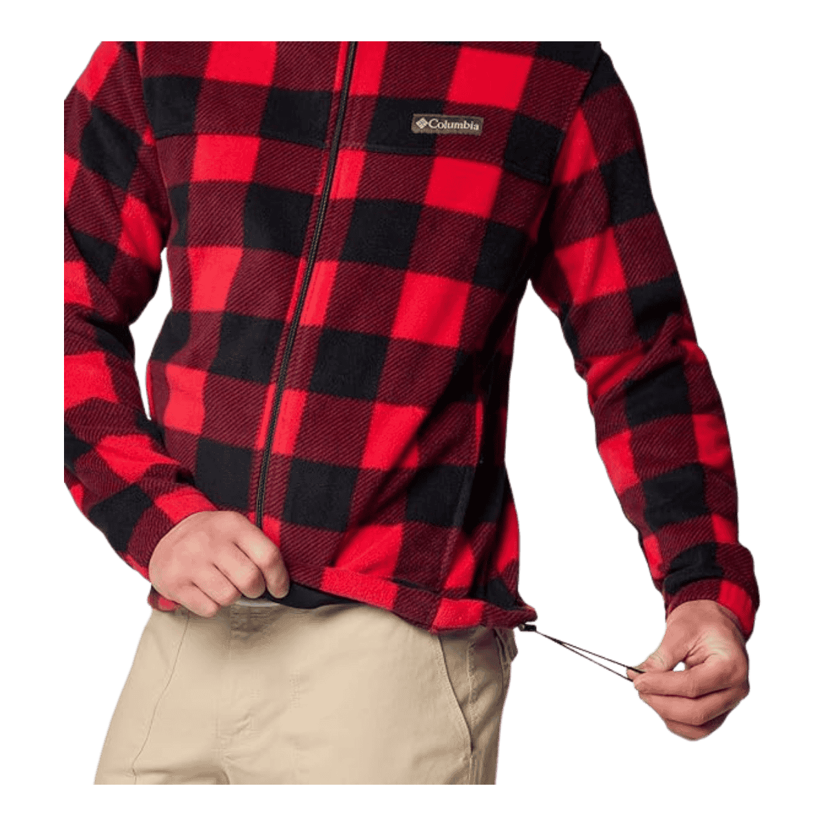 COLUMBIA MEN'S STEENS MOUNTAIN PRINTED FLEECE JACKET - MOUNTAIN RED - CLOSE UP FRONT HEM DRAW CORD