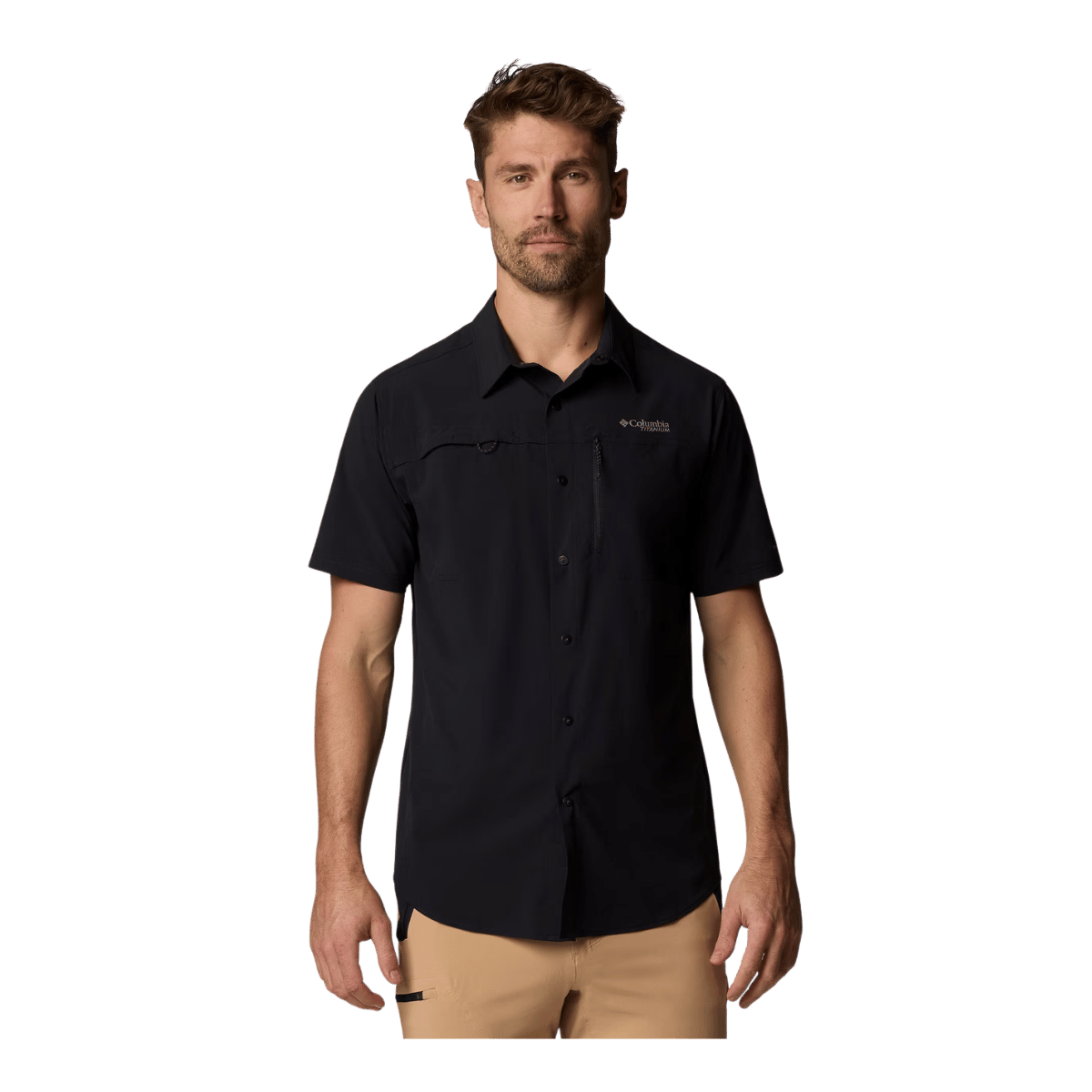 COLUMBIA SUMMIT VALLEY WOVEN SHORT SLEEVE SHIRT - BLACK - FRONT VIEW