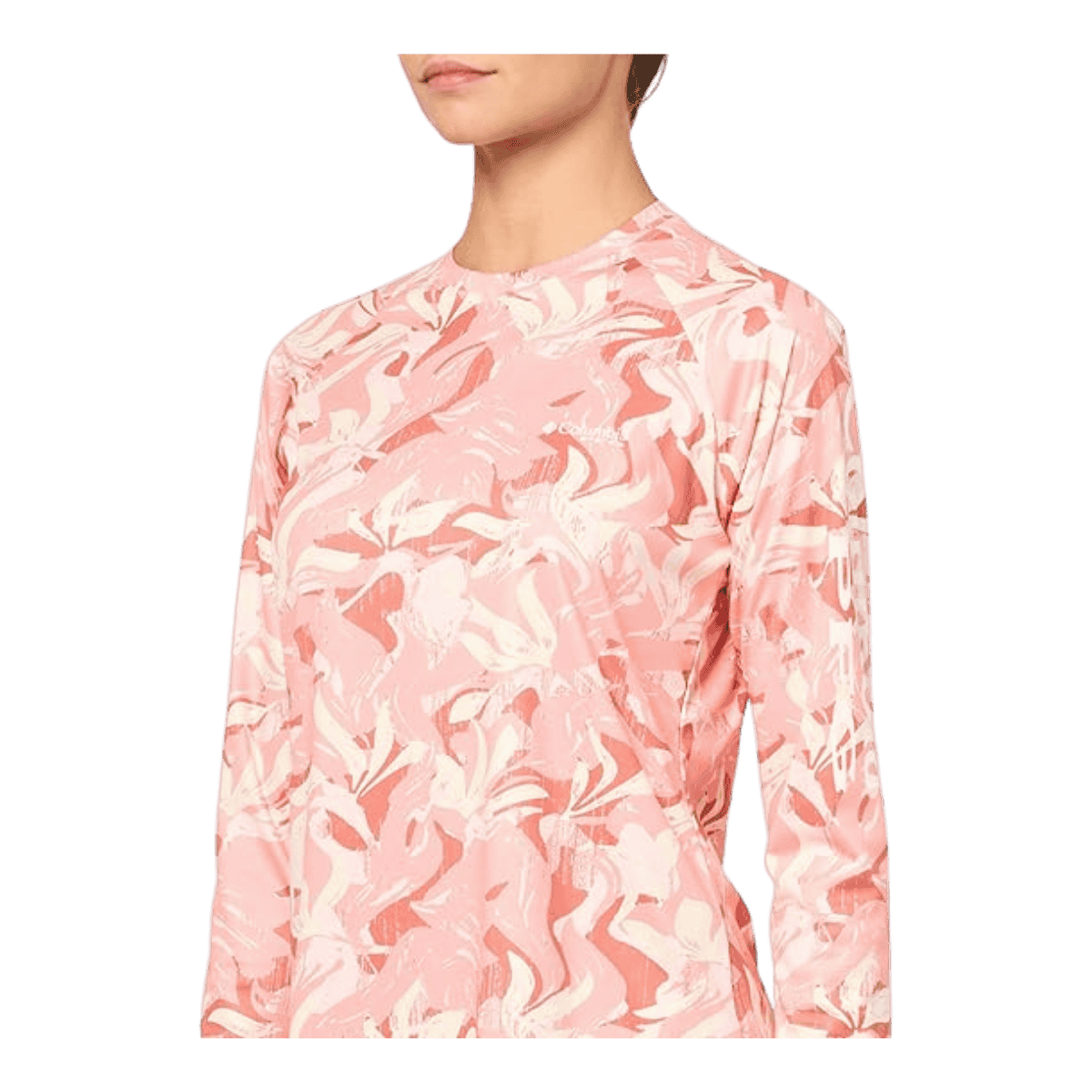 COLUMBIA WOMEN'S SUPER TIDAL TEE LONG SLEEVE SHIRT - TIKI PINK UNDERTOW - CLOSE-UP FRONT VIEW