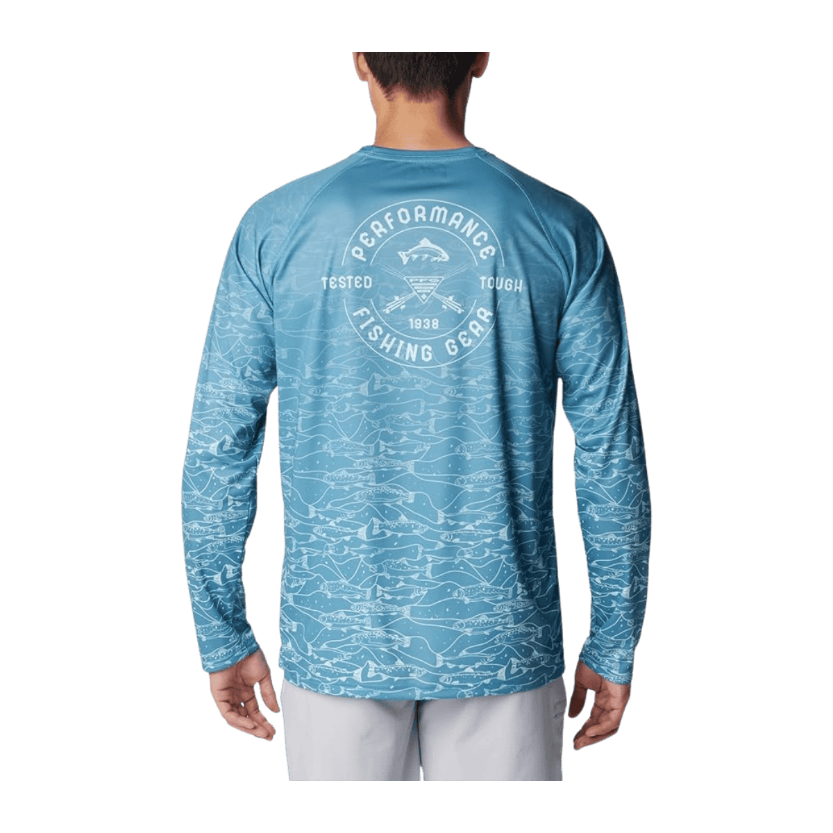 COLUMBIA MEN'S SUPER TERMINAL TACKLE PFG FRESH FADE LONGSLEEVE - CANYON BLUE - BACK VIEW