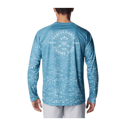 COLUMBIA MEN'S SUPER TERMINAL TACKLE PFG FRESH FADE LONGSLEEVE - CANYON BLUE - BACK VIEW