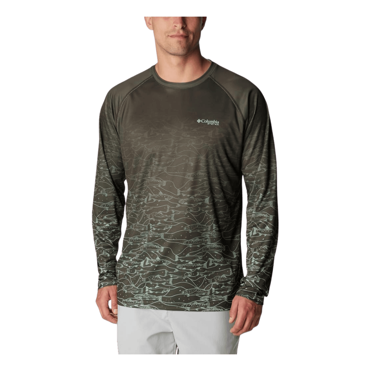 COLUMBIA MEN'S SUPER TERMINAL TACKLE PFG FRESH FADE LONGSLEEVE - DEEP OLIVE - FRONT VIEW
