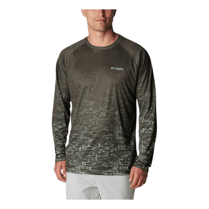 COLUMBIA MEN'S SUPER TERMINAL TACKLE PFG FRESH FADE LONGSLEEVE - DEEP OLIVE - FRONT VIEW