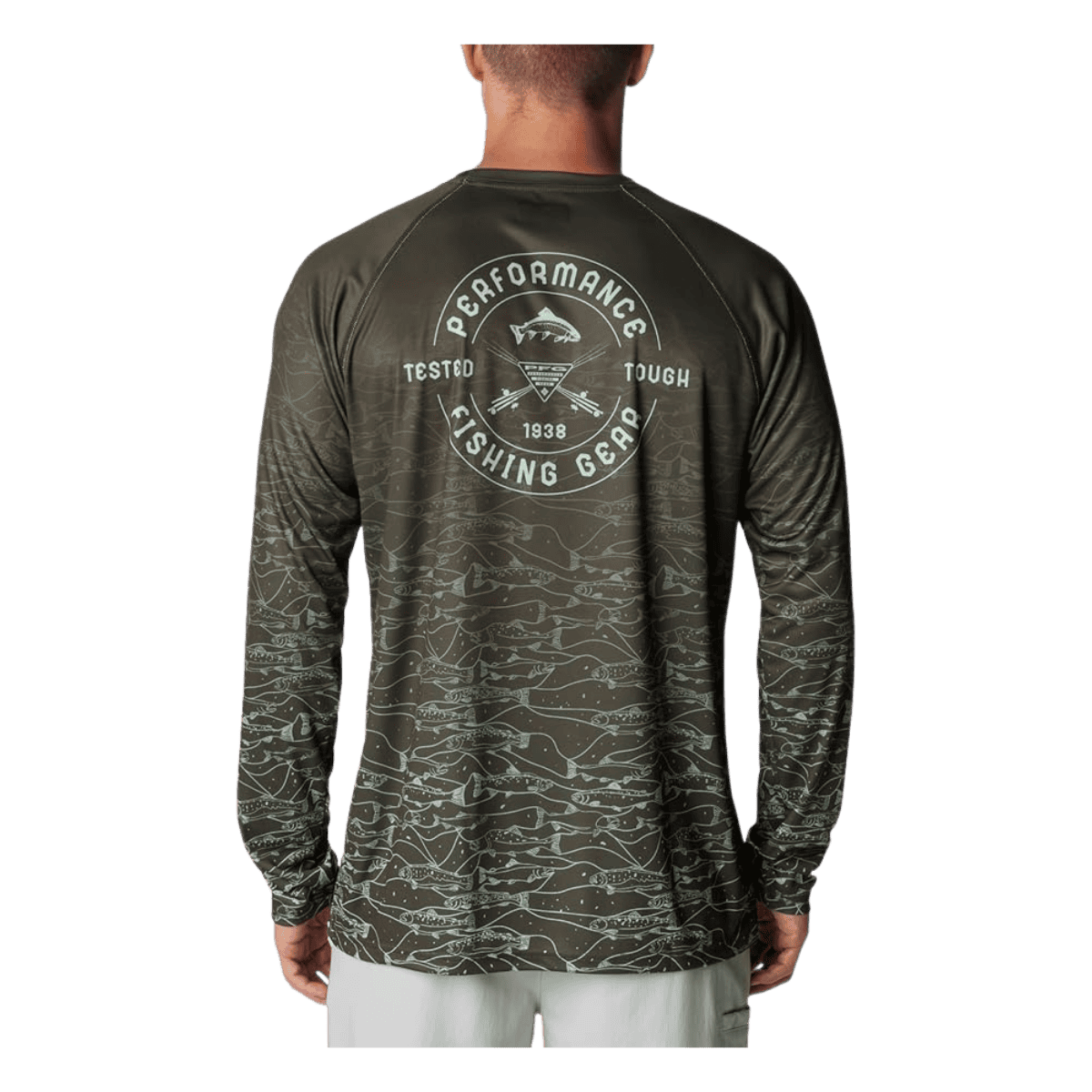 COLUMBIA MEN'S SUPER TERMINAL TACKLE PFG FRESH FADE LONGSLEEVE -DEEP OLIVE - BACK VIEW