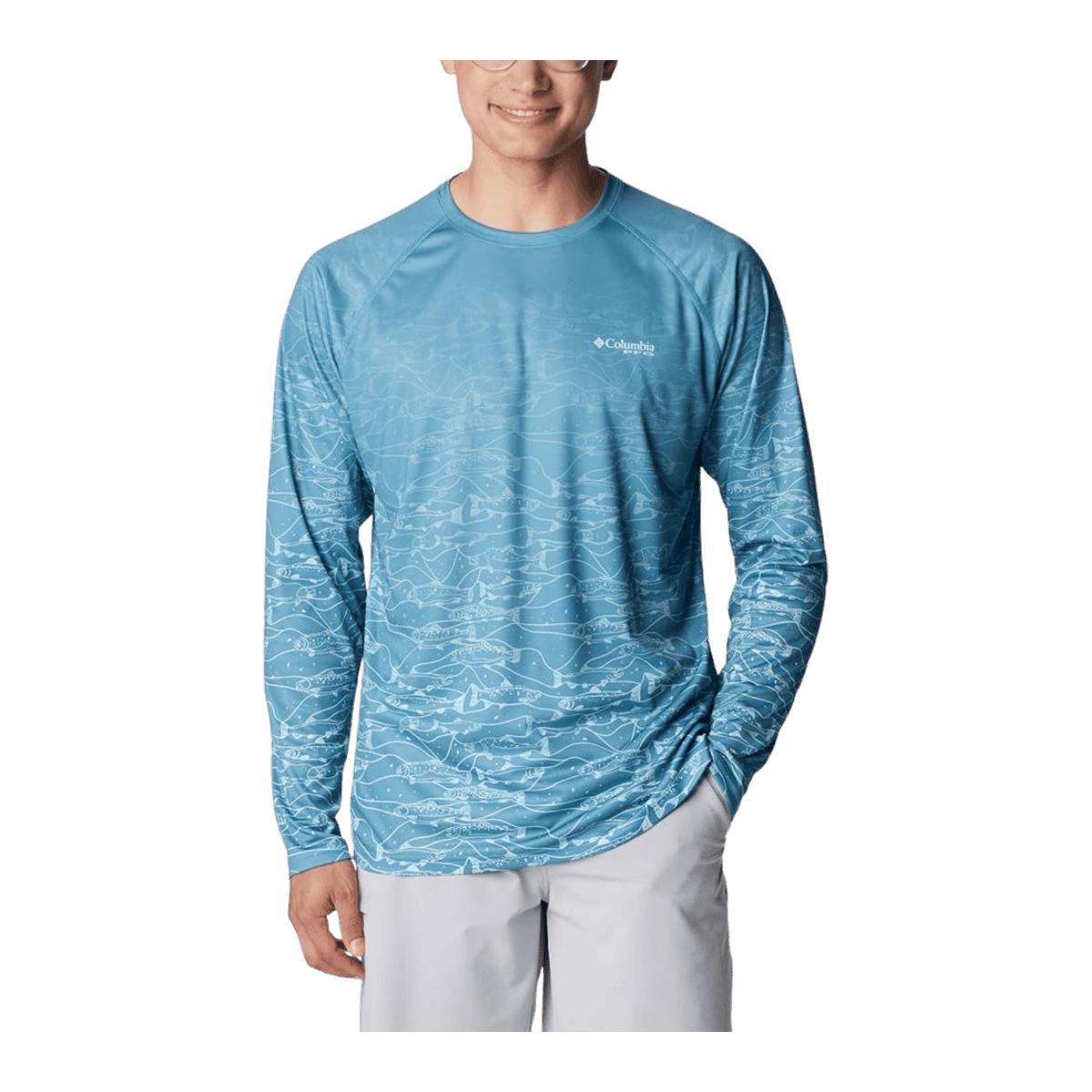 COLUMBIA MEN'S SUPER TERMINAL TACKLE PFG FRESH FADE LONGSLEEVE - CANYON BLUE - FRONT VIEW