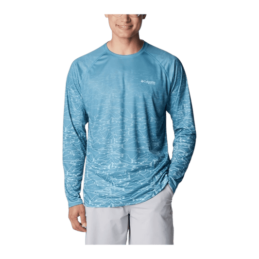 COLUMBIA MEN'S SUPER TERMINAL TACKLE PFG FRESH FADE LONGSLEEVE - CANYON BLUE - FRONT VIEW