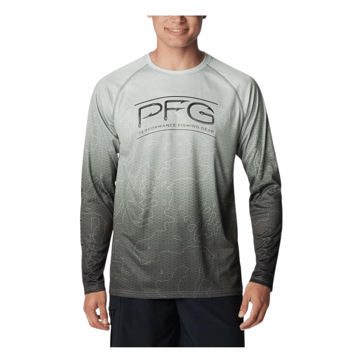 COLUMBIA SUPER TERMINAL TACKLE PFG SUPER FADE LONG SLEEVE SHIRT - CYPRESS TECHAMO - FRONT VIEW 