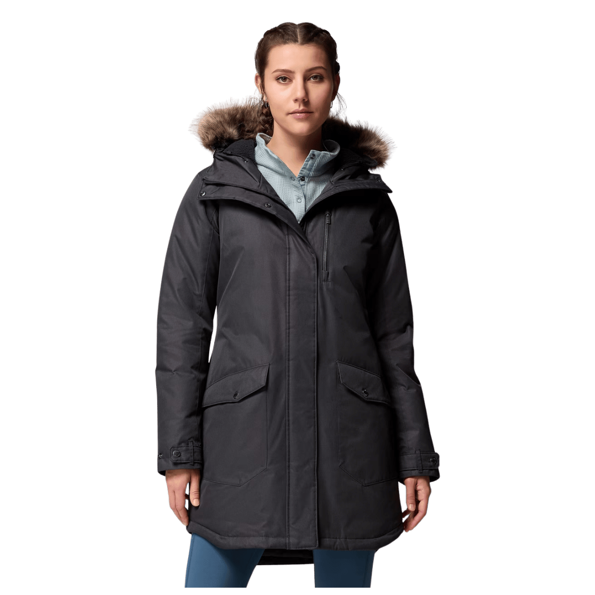 COLUMBIA WOMEN'S SUTTLE MOUNTAIN LONG INSULATED JACKET - BLACK - FRONT VIEW
